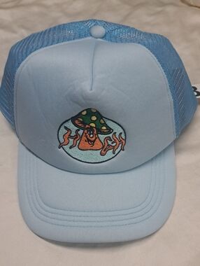 URBAN White and Blue Trucker Hat with Mushroom Patch